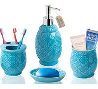 Comfify Bathroom Designer 4-Piece Ceramic Bath Accessory Set - Includes Liquid Soap or Lotion Dispenser w/Toothbrush Holder, Tumbler, Soap Dish - Moroccan Trellis - Bath Accessories Set - Holds 461ml