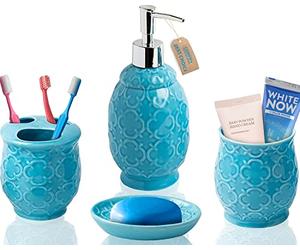 Comfify Bathroom Designer 4-Piece Ceramic Bath Accessory Set - Includes Liquid Soap or Lotion Dispenser w/Toothbrush Holder, Tumbler, Soap Dish - Moroccan Trellis - Bath Accessories Set - Holds 461ml