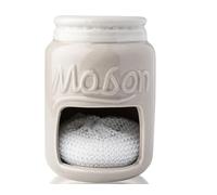 Comfify Ceramic Kitchen Sink Caddy - Mason Jar Style Sponge Holder - Grey | Grey; mason jar ceramic; 5"H x 3.75" diameter; includes nylon scrubby; embossed ‘MASON’; decorative lid; farmhouse