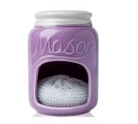Comfify Ceramic Sink Caddy - Mason Jar Style Sponge Holder - Purple | Purple; mason jar ceramic; 5"H x 3.75" diameter; includes nylon scrubby; embossed ‘MASON’; decorative lid; farmhouse