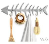 Comfify Decorative Fish Bones Wall Mount Towel Rack Stylish Cast Iron Hanger w/ 4 "Fish Hooks | Includes Screws and Anchors | in Antique White