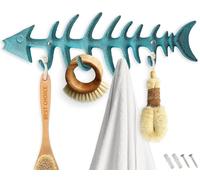 Comfify Decorative Fish Bones Wall Mount Towel Rack Stylish Cast Iron Hanger w/ 4 “Fish” Hooks | Includes Screws and Anchors - Fish Bones Towel Hanger - Teal Blue