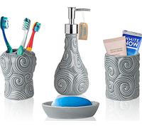 Comfify Designer - 4 Piece Bathroom Accessories Set - With Soap or Lotion Dispenser, Toothbrush Holder, Tumbler and Soap Dish - Glossy Finish - Porcelain (Ocean Waves, Grey) Holds 15.6oz