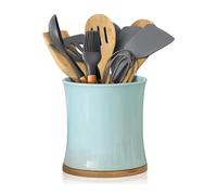 Comfify Large Ceramic Kitchen Utensil Holder with Bamboo Base - Modern Utensil Crock for Countertop Organization - Kitchen Counter Organizer for Cooking Tools, Spatulas, Spoons & More - Blue Ceramic