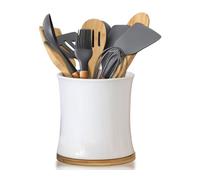 Comfify Large Ceramic Kitchen Utensil Holder with Bamboo Base - Modern Utensil Crock for Countertop Organization - Kitchen Counter Organizer for Cooking Tools, Spatulas, Spoons & More - White Ceramic