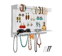 Comfify Rustic Jewellery Organizer - Wall Mounted Jewellery Holder Organizer with Removable Bracelet Rod and 16 Hooks - Perfect for Necklaces and Bracelets Holder - Vintage Jewellery Display - White