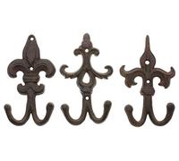 Comfify Set of 3 - Cast Iron Fleur De Lis Double Wall Hooks/Hangers - Decorative Wall Mounted Coat Hook - Rustic Cast Iron - with Screws and Anchors CA-1504-30-BR