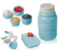 Comfify Vintage Kitchenware Set Multi-Piece Kitchen Ceramic Décor Set w/ 4 Measuring Cups, 4 Measuring Spoons and Spoon Rest - Attractive Vintage Style, in Aqua Blue Embossed Ceramic