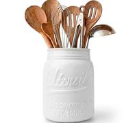 Comfify Wide Mouth Mason Jar Utensil Holder Decorative Kitchenware Organizer Crock, Chip Resistant Ceramic - Perfect Cookware Gift - White, Large Size