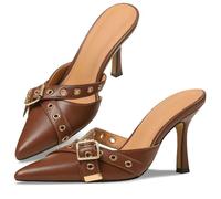 COMFITORIA Womens Mule Kitten Heels Studded Closed Pointed Toe Backless Pumps Wide Sexy Prom Wedding Casual Dress Shoes, Brown, 4.5 UK