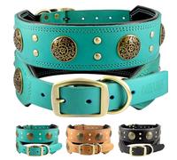 Comfluxe Leather Dog Collar for Medium Dogs, 2" Wide Durable Thick Strong Genuine Leather Spike Dog Collar with Metal Buckle, Padded Collar with Studded Design for Girl Boy Dogs (Teal,M)
