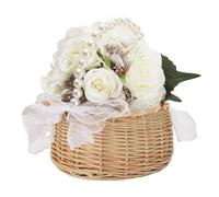 COMFOLIVING Wedding Flower Girl Basket, Willow Flower Basket, Wedding Basket with Bow and Pearl Handle, Fairy Romantic Rattan Flower Basket for Wedding Card, Flowers, Rose Petals
