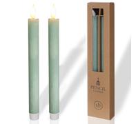 comforder LED Dinner Taper Candles, Battery, Set of 2, Eucalyptus Green | Real wax ribbed finish, flickering flame, 6h on 18h off timer, 25 cm tall, 2x AAA not included, electric candles