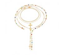 Comforso 4PCS Layered Gold Cross Necklace Set for Women,Bohemian Style with Colorful Beads & Crystal,Vintage Rosary Y Long Pendant,Adjustable Choker Chain