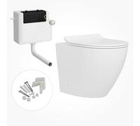 Comfort Height Back to Wall Rimless Toilet Pan with Concealed Cistern Gloss White Ceramic Round Shape with Slim Soft Close Seat - Modern Bathroom Design (Elva)