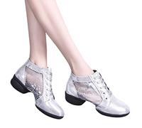 Comfort Latin Dance Short Boots for Women Closed Toe Lace Soft Leather Dancing Sandal rofessional lsa achata Ballroom ow Heel Memory oam Adjustable Strap Wedding Shoe (Silver, 6)