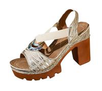 Comfort Platform Block Heel Shoes for Women Women's Summer Open Toe Elastic Ankle Strap Heels With Metal Buckles And Chunky Roman Heels Sandals Black Wege Sandals Wide Fit Ladies (Gold,5.5)