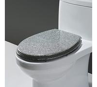 Comfort Slow Close Toilet Seat - Transparent Resin Oval Elongated with Glitter Effect, d & Silver Foil Aents, Universal Bathroom Aessory Set
