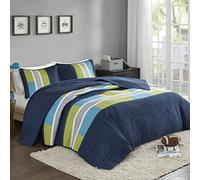 Comfort Spaces 3 Piece Quilt Coverlet Bedspread All Season Lightweight Hypoallergenic Pipeline Colorblock Kids Bedding Set, Full/Queen, Pierre Navy/Blue Stripe