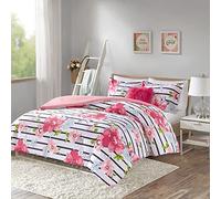 Comfort Spaces Comforter Set Printed Striped Floral Design with Faux Long Fur Decorative Pillow Bedding, Fabric, Pink, Twin/Twin XL