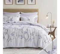 Comfort Spaces Cozy Comforter with Complete Sheet Set with Side Pocket, All Season Cover, Matching Shams, Microfiber, Kate, Grey/Purple, Queen(90"x90")