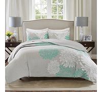 Comfort Spaces Enya Quilt Set - Casual Floral Print Channel Stitching Design, All Season, Lightweight Coverlet, Cozy Bedding, Matching Shams, Decorative Pillows, Full/Queen(90"x90"), Aqua 3 Piece