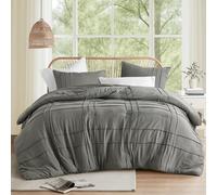 Comfort Spaces Grey Queen Comforter Set - 3 Pieces Pintuck Pleated Farmhouse Bedding Sets Queen, All Season Lightweight, Cotton-Like Softness Pre-Washed Microfiber Queen Bed Set, Shams, Full/Queen