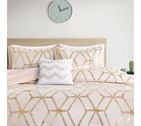 Comfort Spaces Modern Geometric Bed Linen with Metallic Print, Matching Pillowcase, Decorative Cushion, Fabric, Vivian Pink/Gold, Queen