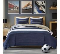 Comfort Spaces Quilt Coverlet Bedspread Ultra Soft Microfiber Pattern Hypoallergenic Bedding Set, Fabric, Verone White Blue Stripe, Full/Queen