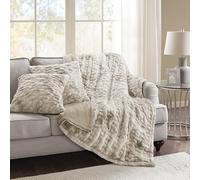 Comfort Spaces Ruched Faux Fur Plush Throw Blanket and Pillow Set with 2 Matching Square Pillow Covers Sofa Throw Blanket for Living Room, Chair, Couch, Home Office Fuzzy Soft Tan Tie Dye 50"x 60"
