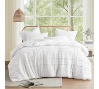 Comfort Spaces White Queen Comforter Set - 3 Pieces Pintuck Pleated Farmhouse Bedding Sets Queen, All Season Lightweight, Cotton-Like Softness Pre-Washed Microfiber Queen Bed Set, Shams, Full/Queen