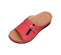 comfort walking sandals for women summer sandles Thick Soled Hollow Out Single Band Sandals For Women With Toe Showing And Wedge Heels For The Beach Sandals Women Heels Wedge (Red, 6)