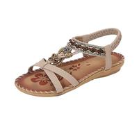 comfort walking sandals for women summer sandles Women Rhinestone Decor Slingback Sandals Glamorous Sandals Elastic Ankle Strap Casual Bohemian Beach Shoes Wedge for Women Stripped (Khaki, 3)