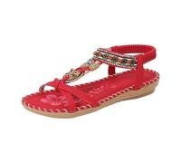 comfort walking sandals for women summer sandles Women Rhinestone Decor Slingback Sandals Glamorous Sandals Elastic Ankle Strap Casual Bohemian Beach Shoes Wedge for Women Stripped (Red, 6.5)