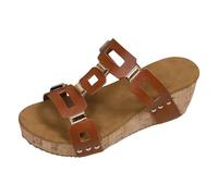 comfort walking sandals for women summer sandles Women's Cork Wedge Mules With Metal Square Decoration Retro Comfortable Fashion Sandals Womens Wedge Thong Sandals (Brown, 6.5)
