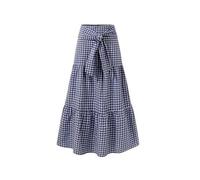 Comfortable A-line Outline Dress Retro Skirt Women Maxi Plaid Print Big Swing Patchwork High Elastic Waist Lace-up Pleated Lady Full Length Blue S