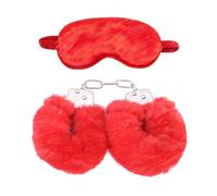 Comfortable, Adjustable Plush Handcuffs and Satin Eye Mask 2-Piece Set - Fun Bedroom Party Accessories-UKMA74 (Red)