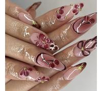 Comfortable Almond Fake Nails with Floral Bows Detachable Artificial ABS Build for Work Travel MultiOccasion Almond Shape Press on