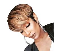 Comfortable and Breathable Ladies Pixie Cut Short Wig Black + Light Brown Heat-Resistant Synthetic Curly Wig Suitable for Daily Party wear Photo Color,10in (Photo Color 10in)