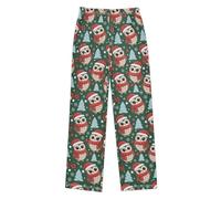 Comfortable Boy's Sleepwear Christmas Dark Green Red White Owl Tree Lounge Pajama Pants for Boys Indoor Outdoor with 2 Pockets 9-10Y