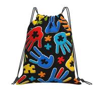 Comfortable Drawstring Bag Autism Awareness Puzzle Handpri String Sackpack Unisex Gym Backpack for Kids Holidays Adults 36X42cm