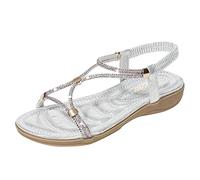 Comfortable Flat Sandals for Women Sandals Size 6 Women Foreign Trade Large Open Toe Comfortable Heel Elastic Bland White Ankle Strap Womens Sandles (Silver,6.5)