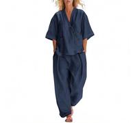 comfortable loungewear women Co Ord Sets for Women Cotton Linen 2 Piece Plus Size V Neck Tops & Wide Leg Trousers Summer Fashion Loose Comfy Vacation Travel Airport Outfits Navy S
