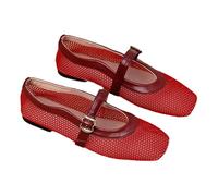 Comfortable Mary Jane Style Mesh Ballet Flats with Square Toe and Buckle Strap, Ideal for Office, Elegant Weddings, and Special Party Events Red