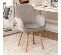 Comfortable No-Wheel Wooden Swivel Dining Chair, Modern Upholstered Velvet Armchair for Office & Vanity Desk, Mid Century Design, Cute Grey Chair