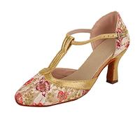 Comfortable Women's Flower Print Latin Dance Shoes Closed Toe Ballroom lsa Tango ow Heel Closed Toe Dancing Sandal Memory oam Adjustable Strap Breathable Leather Wedding Shoes (Pink, 6)
