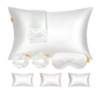 ComfortAce 3-Piece 19 Momme Mulberry Silk Set - Silk Pillowcase with Scrunchie & Padded Eye Mask, Soft, Cooling & Skin-Friendly Beauty Sleep Set - White