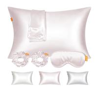 ComfortAce 3-Piece 19 Momme Mulberry Silk Set - Silk Pillowcase with Scrunchie & Padded Eye Mask, Soft, Cooling & Skin-Friendly Beauty Sleep Set - Light Pink
