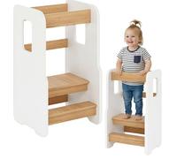 ComfortCove Wooden Toddler Tower, Learning Tower, White/Oak | 3 Level Height Adjustable, Toddler Step Stool, Kids Step Stool, Wooden Montessori Inspired Baby Helper for Kitchen