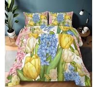 Comforter Duvet Set with 2 Pillowcases 135x200 cm Retro Botanical Flowers 10.5 Tog Coverless Double Duvet with Advanced Fibre, Machine Washable, Hypoallergenic, Double Bed Size